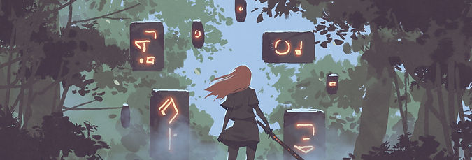 A young hero standing before a group of floating cubes glowing with strange symbols