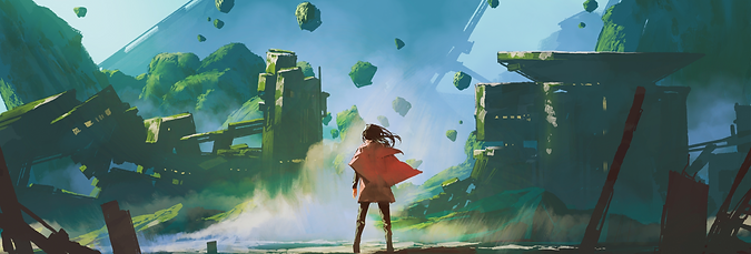 A young hero standing before a fantasy landscape with floating debris
