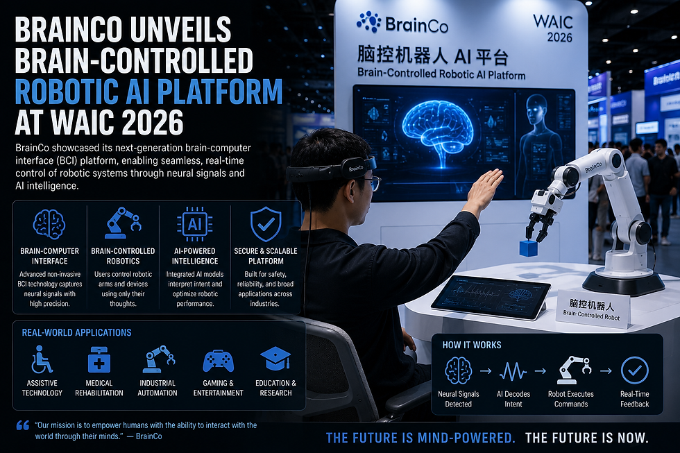 Man wearing BrainCo headset controls a white robotic arm at a WAIC 2026 booth, with a blue brain display and expo signage.