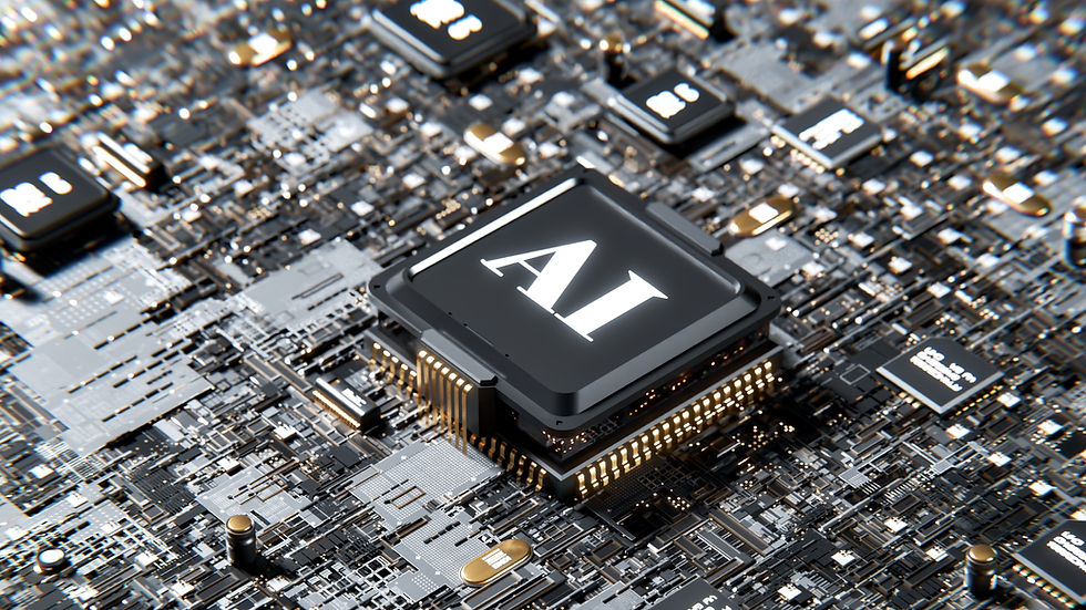 Close-up of a black AI chip on a dense motherboard, glowing gold accents and sleek futuristic circuitry.