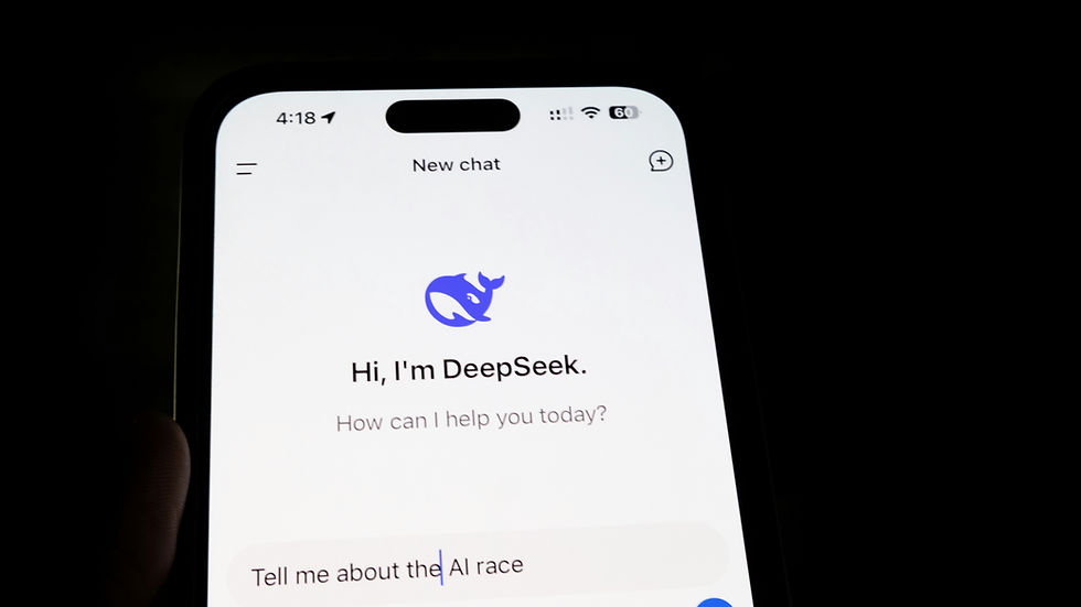 Smartphone screen showing DeepSeek new chat page with whale logo and prompt text, Tell me about the AI race, on a dark background.