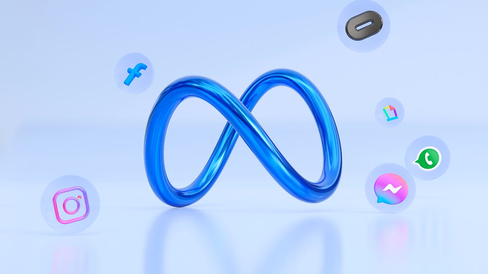Blue Meta logo centered on a pale background, surrounded by Facebook, Instagram, WhatsApp and Messenger icons