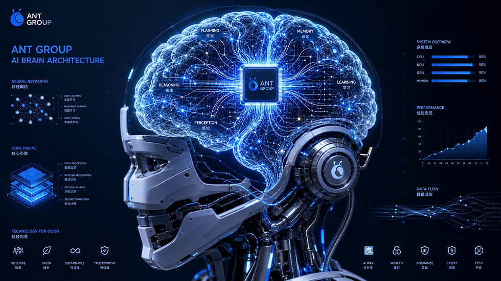 ANT Group AI brain architecture poster with glowing robotic head, neural network labels, and system performance charts on dark blue background