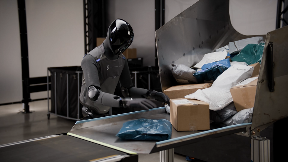 A robot with a sleek black visor sorts parcels on a conveyer belt in a warehouse setting. Packages are in various colors and sizes.