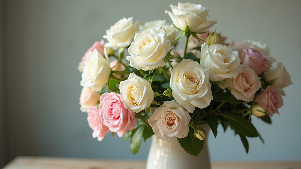Vista a nivel de ojo de un ramo de flores blancas y rosas en un jarrón