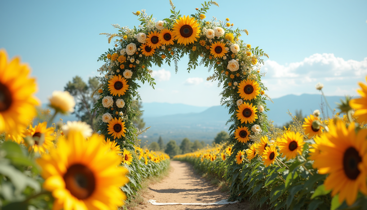 Vista panorámica de arco floral con girasoles y peonías en boda de verano al aire libre