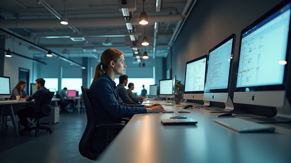 Eye-level view of a modern office workspace with multiple digital devices