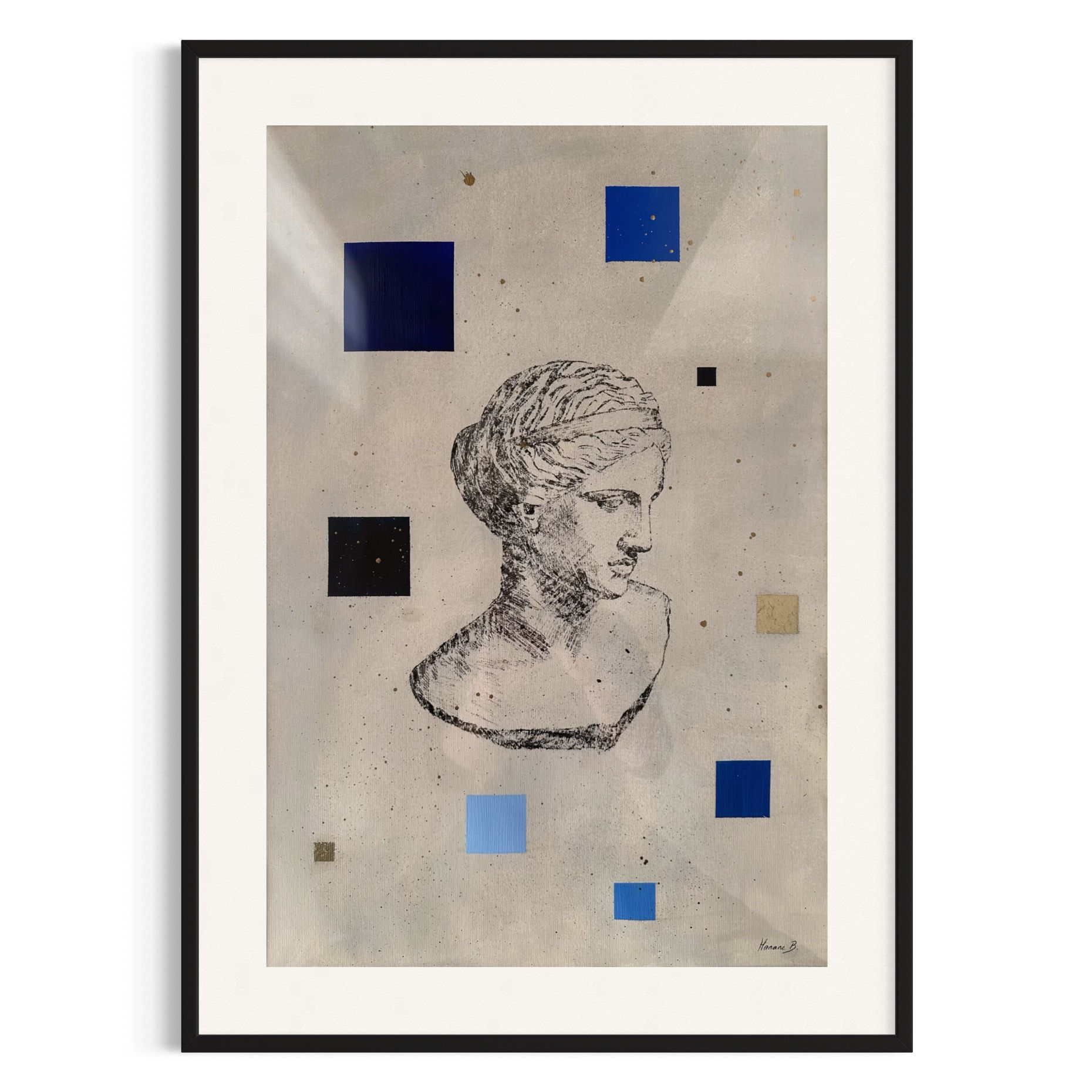 Portrait de la déesse aphrodite entourée de carrés bleus dans un cadre noir