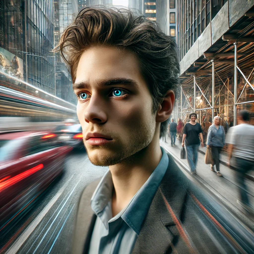 A man stands overwhelmed in a fast-paced, blurry environment. His expression reflects his struggle to keep up with the quick-moving world around him, as everything feels disconnected.
