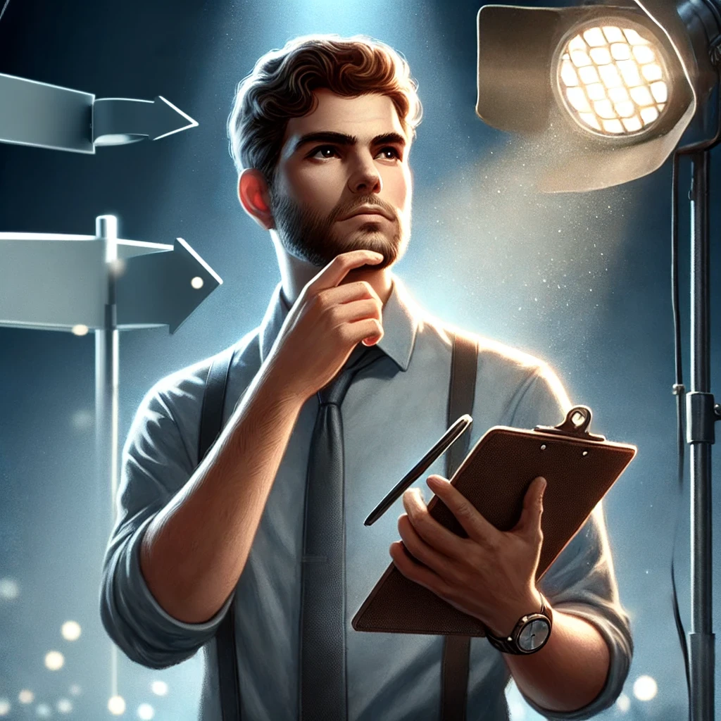 A man stands on a stage under a spotlight, holding a clipboard with a thoughtful expression. The background features abstract geometric shapes, symbolizing the complexity of decision-making, as he carefully weighs his options.