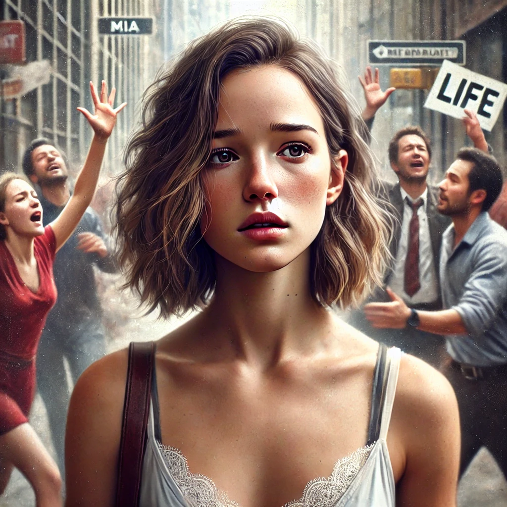 A woman stands lost in thought, appearing confused as she reflects on past events. Around her, life moves on with opportunities passing by, subtly represented in the background.