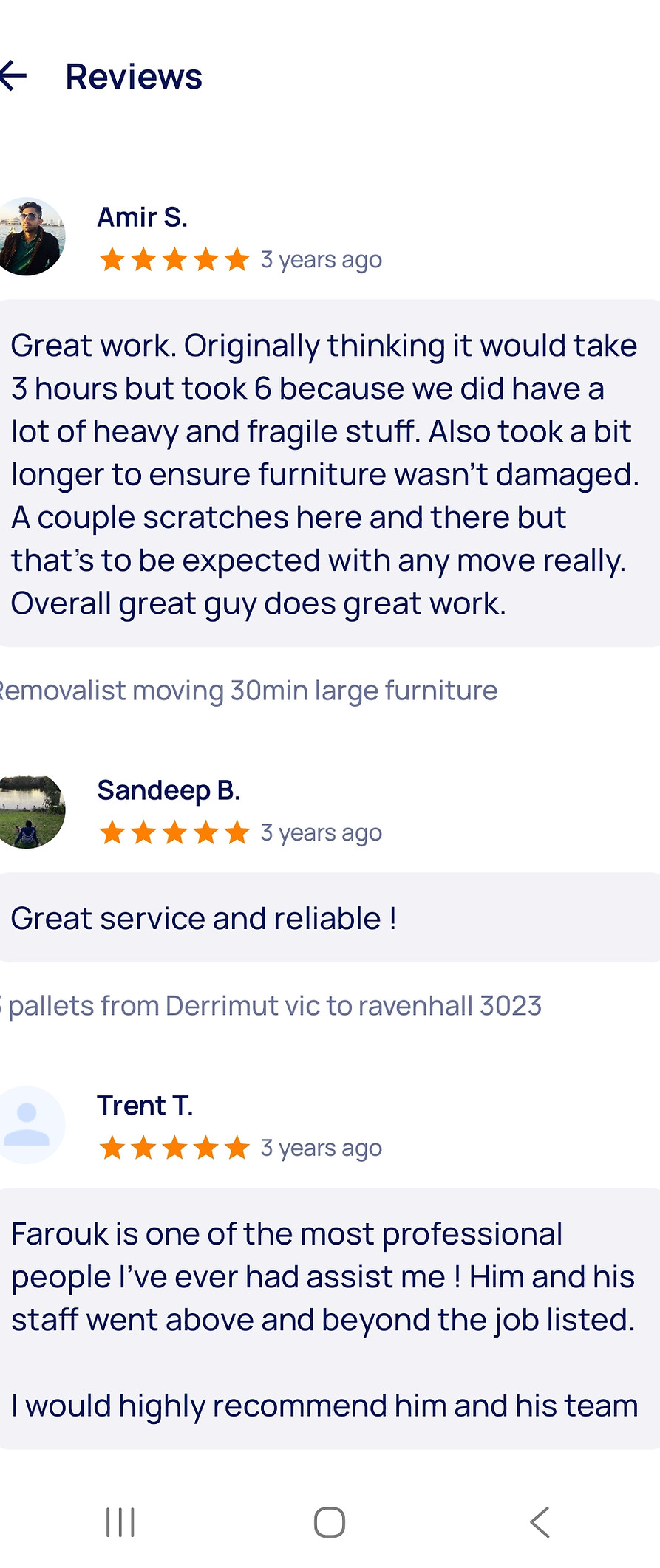 mobile screenshot of 5-star logistics review