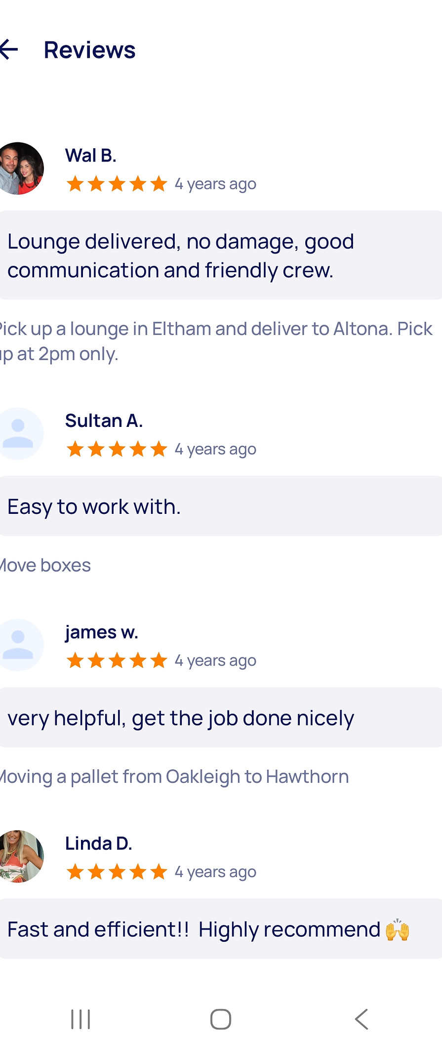 mobile screenshot of 5-star logistics review