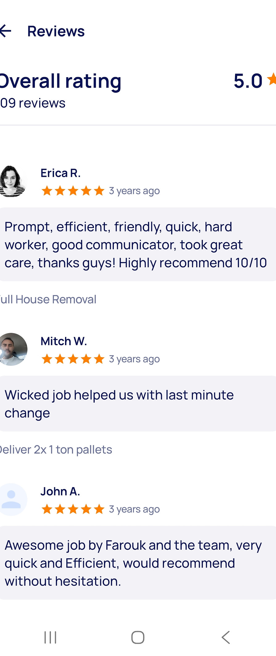 mobile screenshot of 5-star logistics review