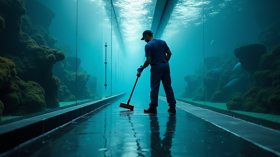 Eye-level view of a professional cleaning a large aquarium with specialized equipment
