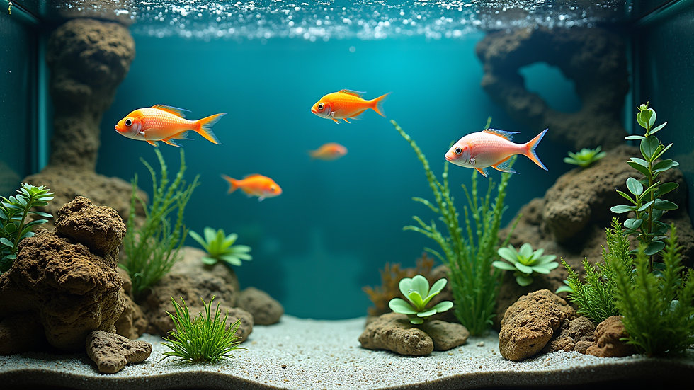 High angle view of a beautifully aquascaped fish tank with colorful fish swimming