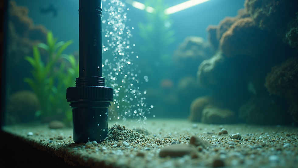 Eye-level view of aquarium filter system being cleaned with old tank water