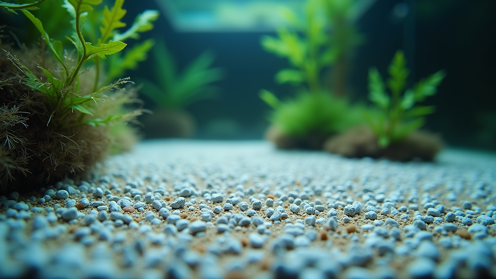 Eye-level view of aquarium filter and clean gravel substrate