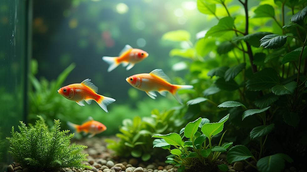 High angle view of a planted aquarium with colorful fish swimming