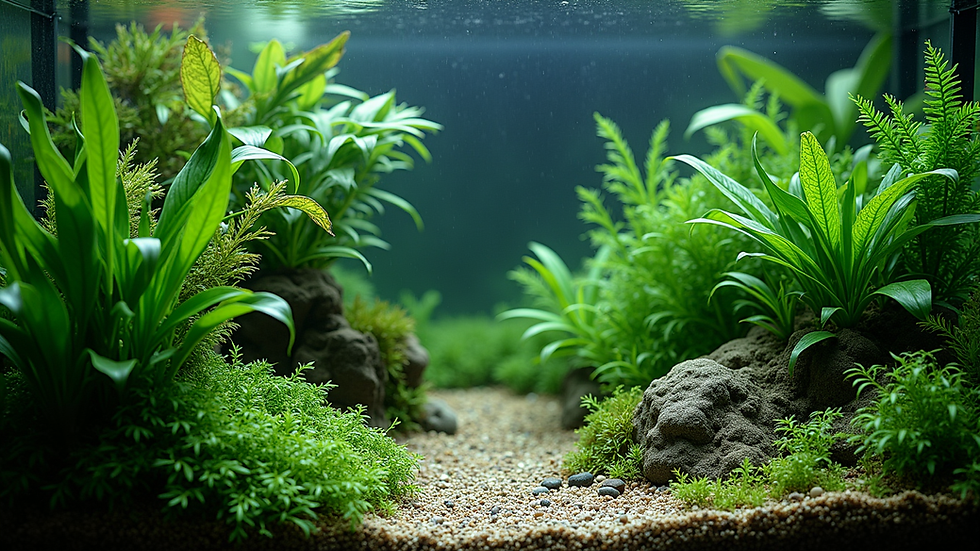 High angle view of a beautifully aquascaped freshwater aquarium with lush plants