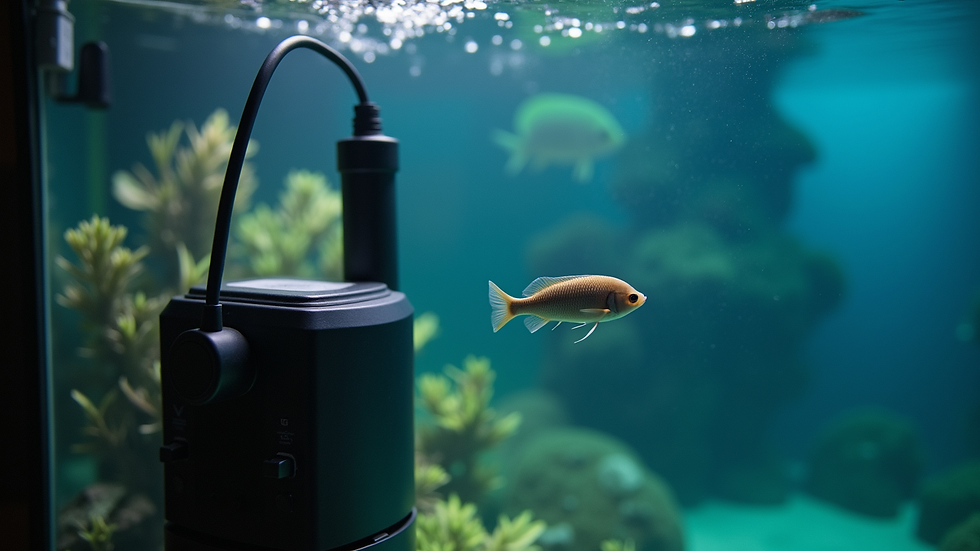 Close-up view of aquarium equipment including filter and heater