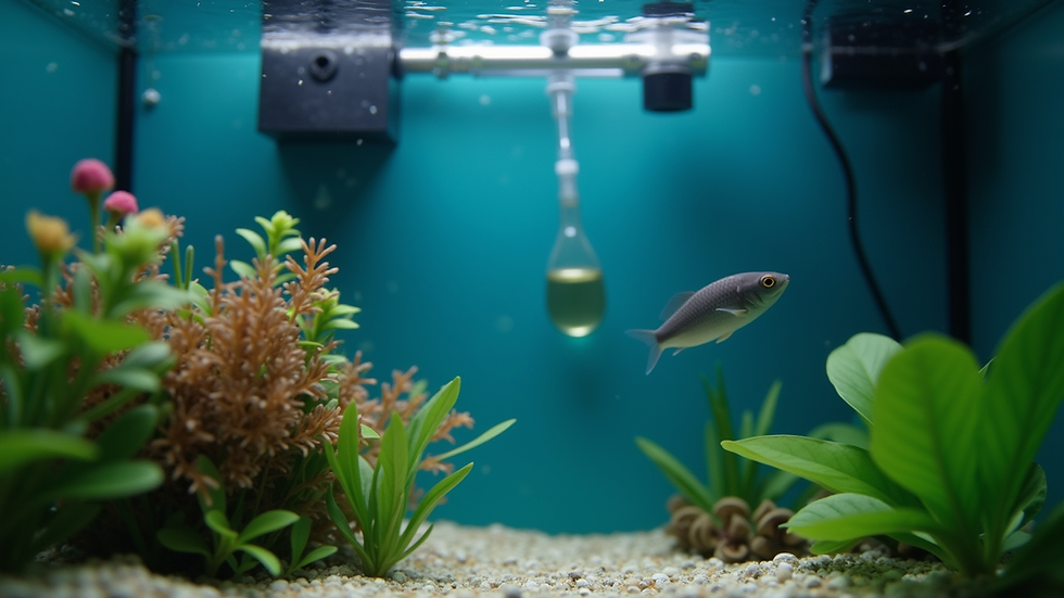 Close-up view of aquarium filter and heater installed inside a fish tank