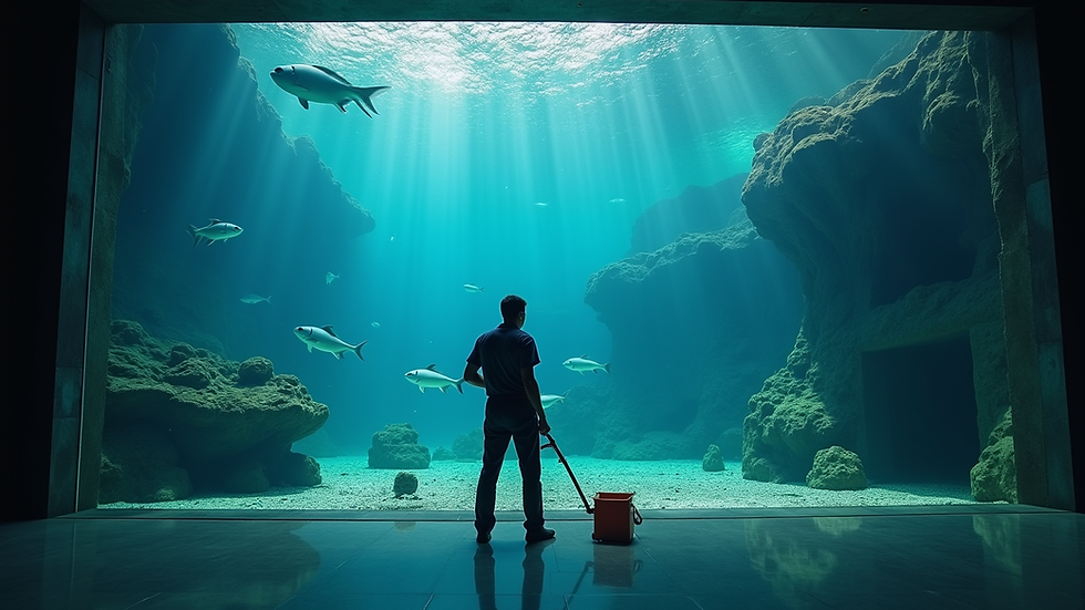 Eye-level view of a professional cleaning a large aquarium