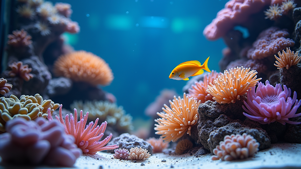 Eye-level view of a saltwater reef aquarium with colorful corals and fish