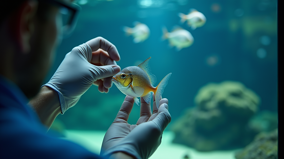 Eye-level view of aquarium technician inspecting fish health