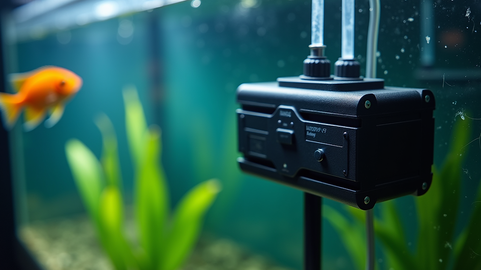 Close-up view of aquarium filter and heater installed inside a fish tank
