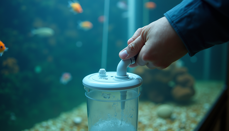 Close-up view of aquarium filter being cleaned with water siphon in Spring TX