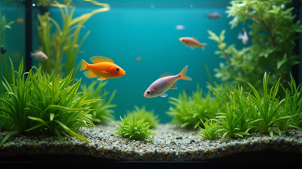 Eye-level view of a clean and vibrant aquarium with healthy fish and plants