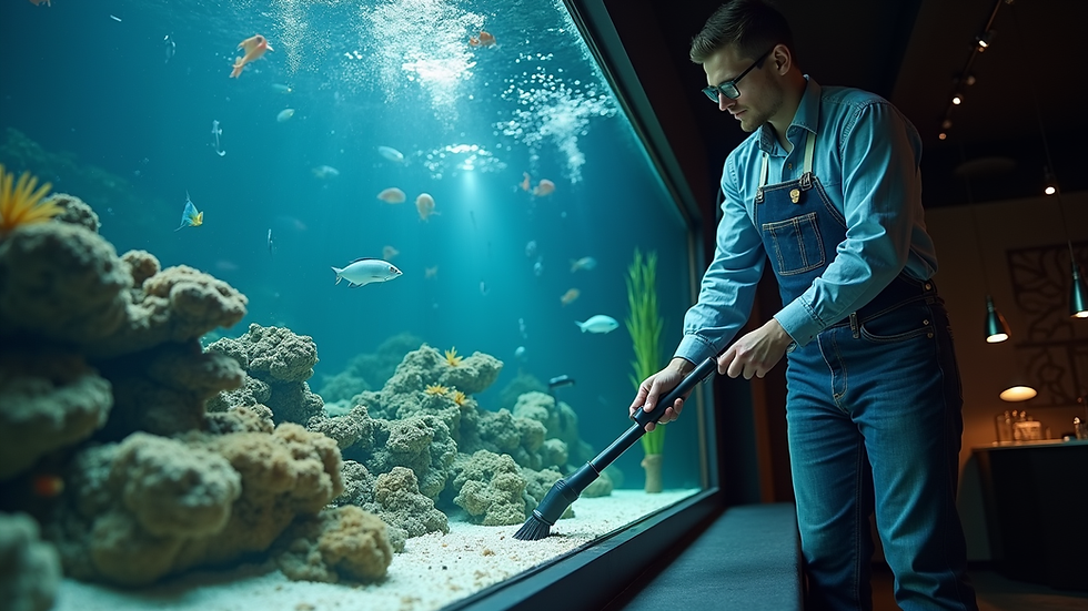 Eye-level view of a professional cleaning a large home aquarium