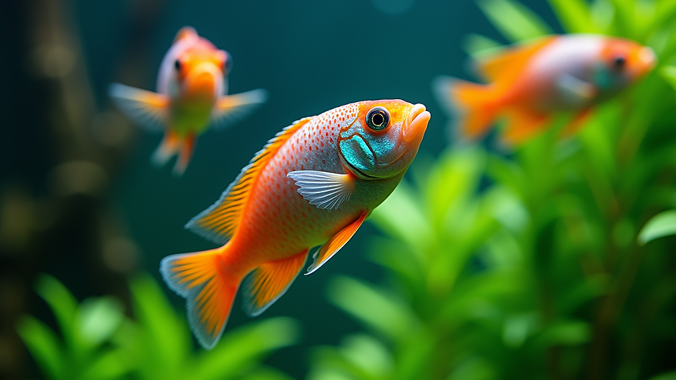 Close-up view of colorful tropical fish swimming among green aquarium plants