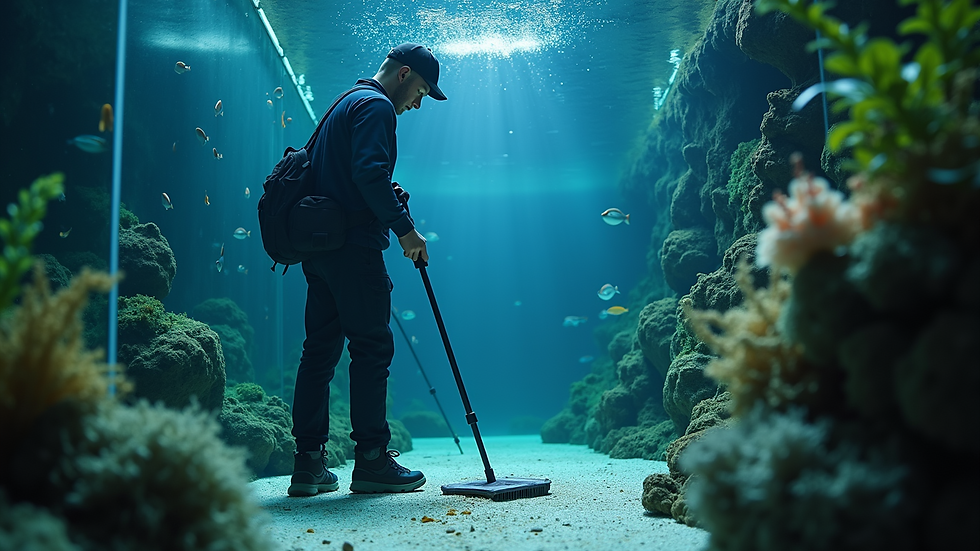 Eye-level view of a professional cleaning an aquarium with specialized tools