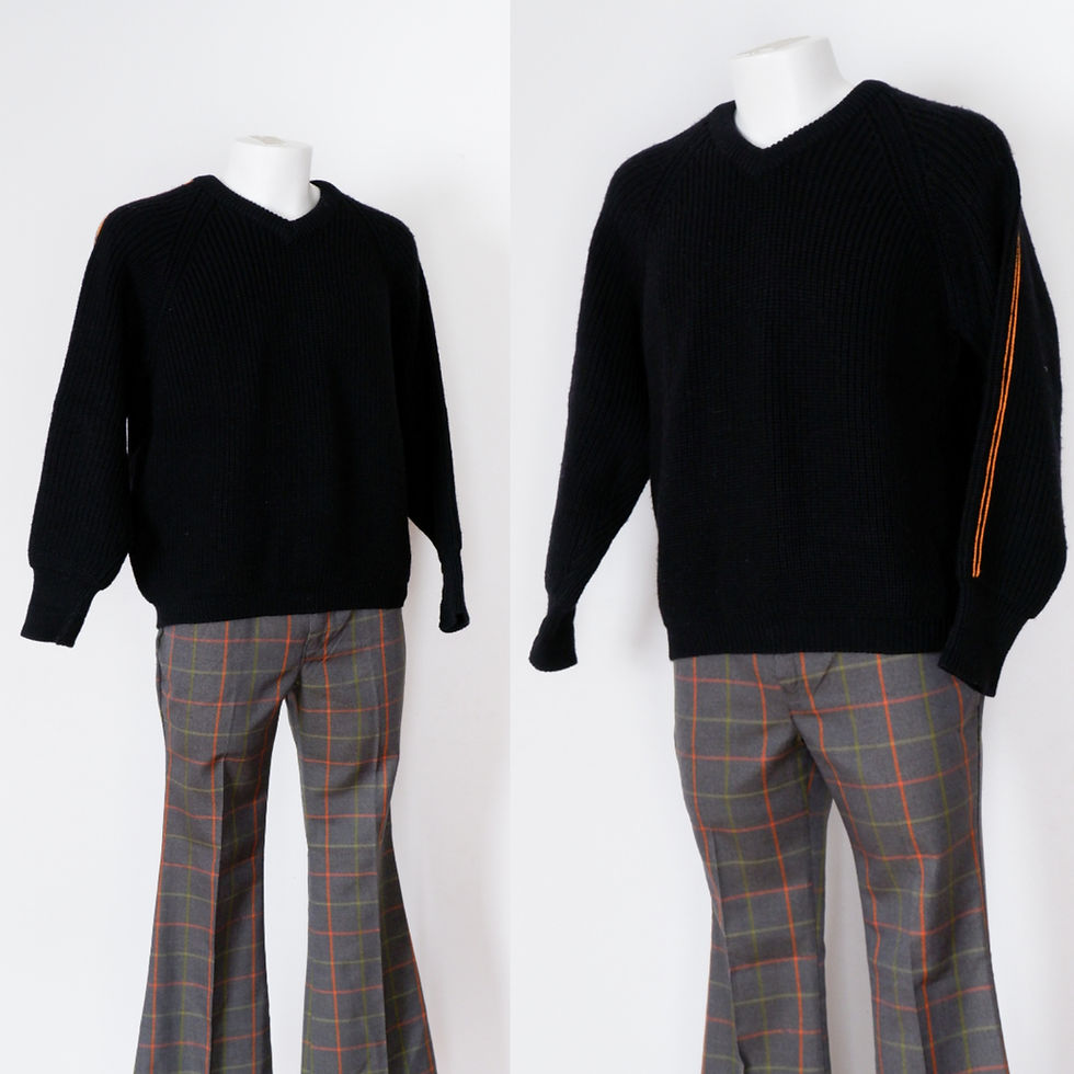 Vintage Black Sweater with Orange Stripe - Medium Large Wool Pullover