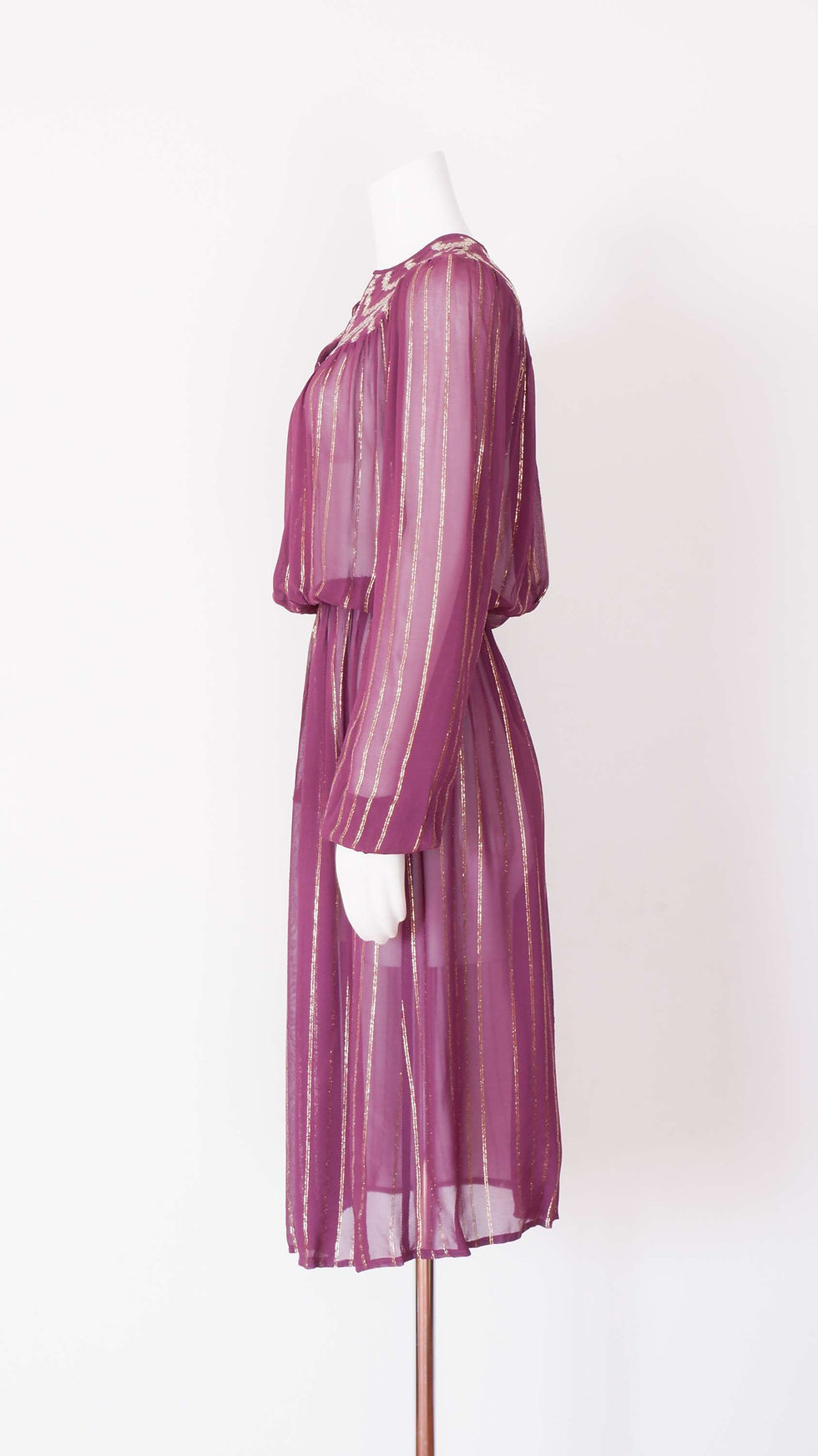 Thumbnail: 1970s Sheer Purple Long Sleeve Midi Dress with Gold Stripes - S/M