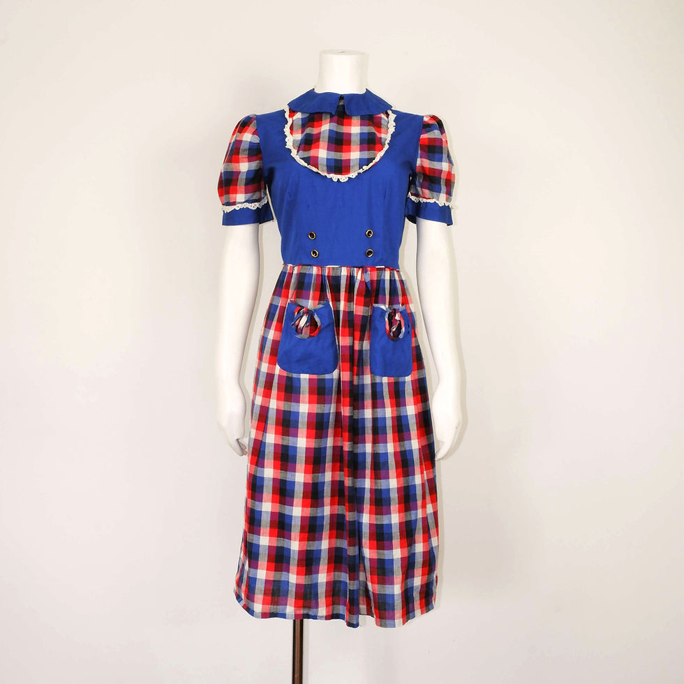 1950s Blue Checker Dress - Small, Blue Button Up