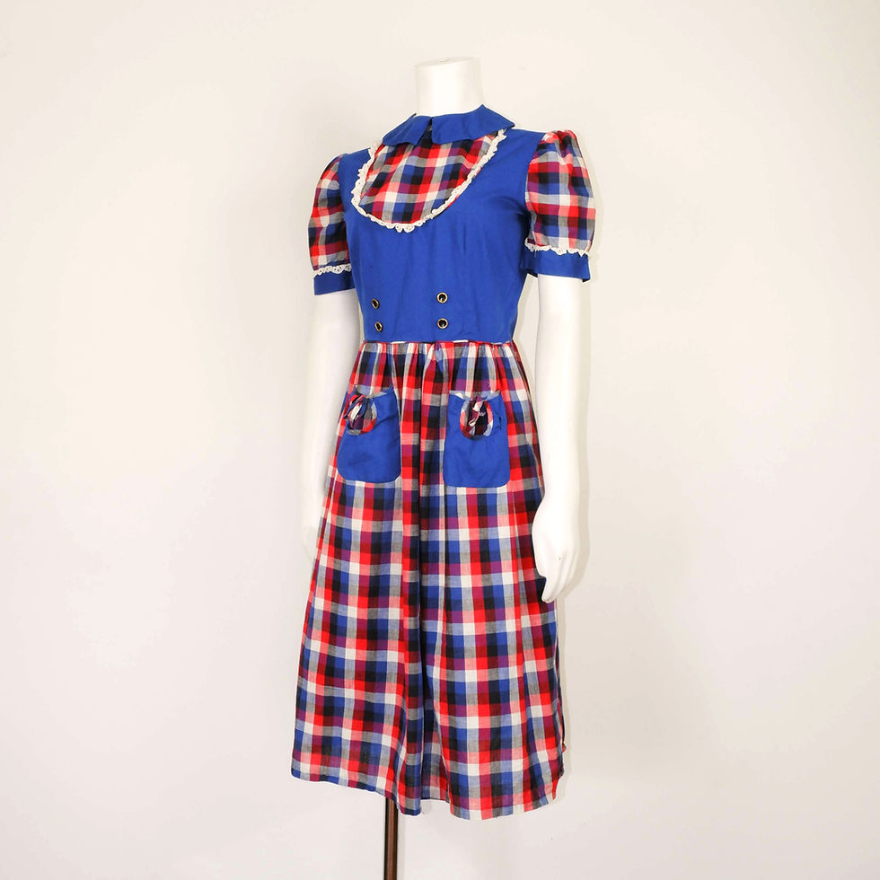 Thumbnail: 1950s Blue Checker Dress - Small, Blue Button Up