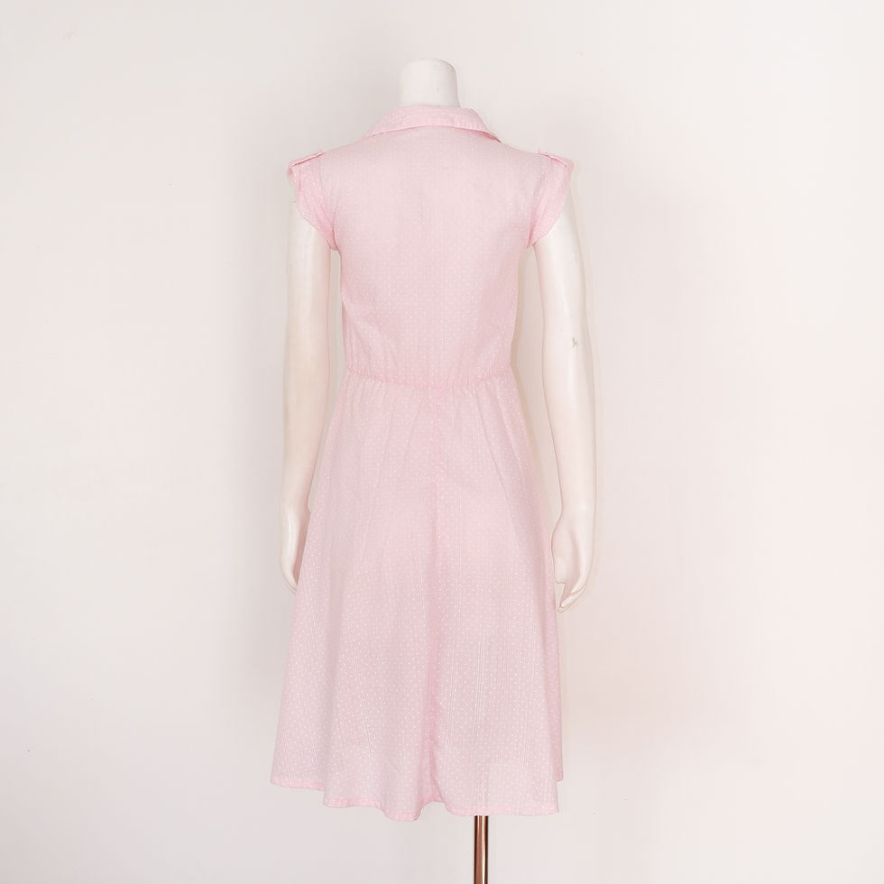 Thumbnail: 1970s Pink Dress with White Dots - Small Vintage Short Sleeve Midi