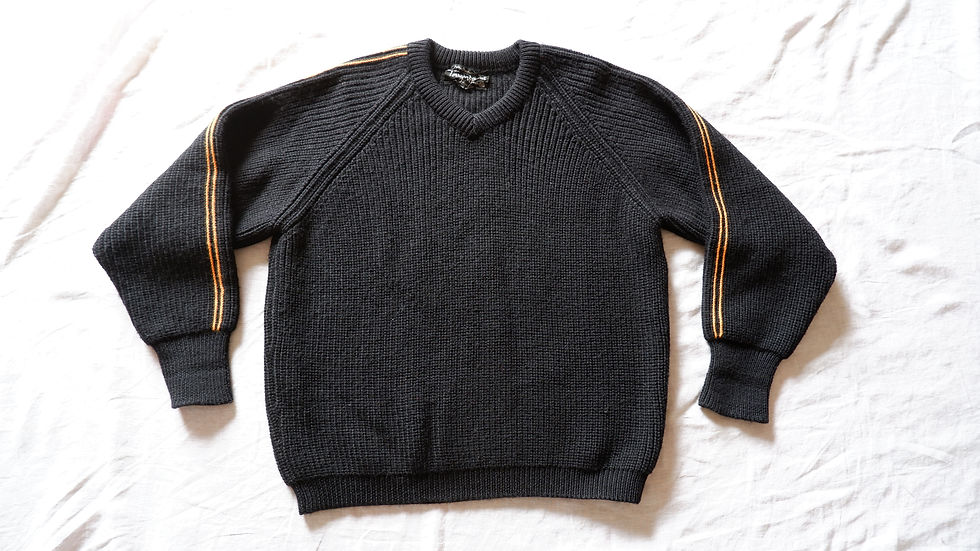Thumbnail: Vintage Black Sweater with Orange Stripe - Medium Large Wool Pullover