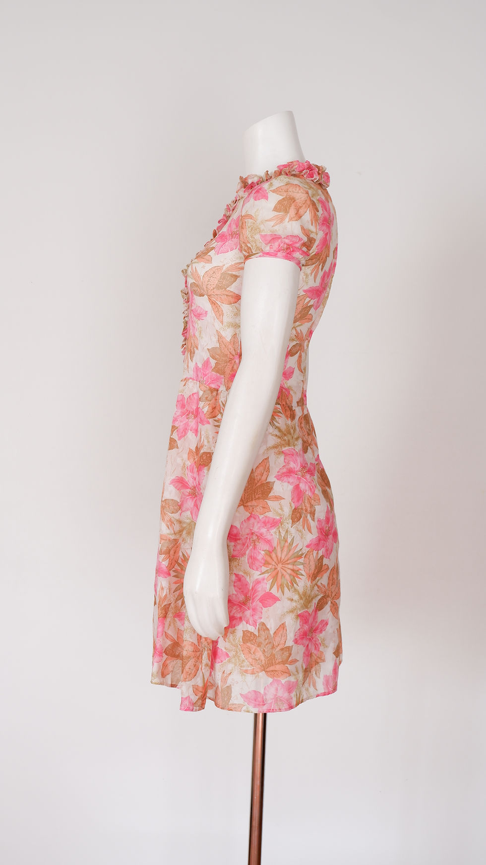 Thumbnail: 1970s Pink Floral Dress - X-Small Vintage Mini with Ruffle Collar