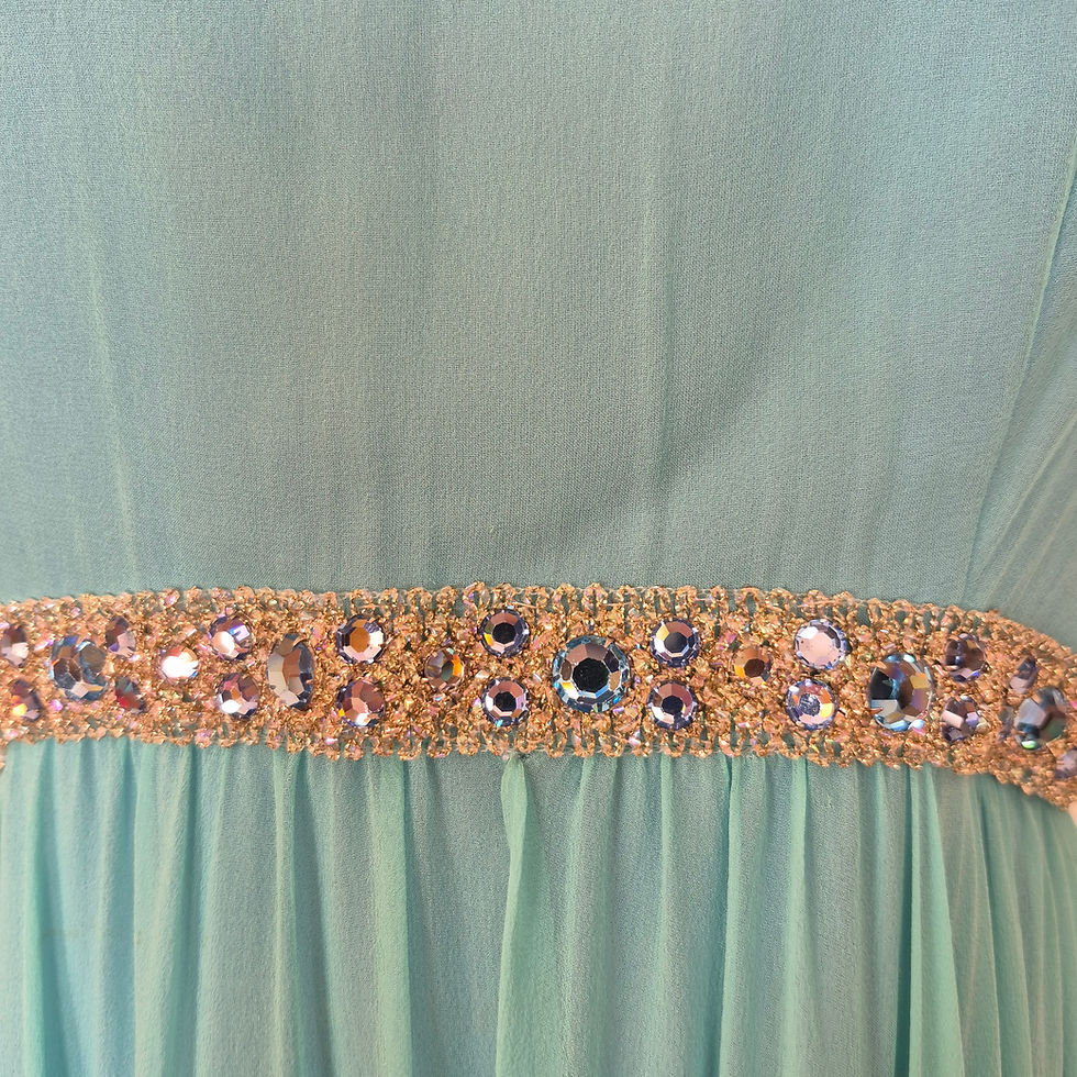 Thumbnail: 1960s Blue Chiffon Gown with Cape - Small Rhinestone Dress by Eleanor Ellis