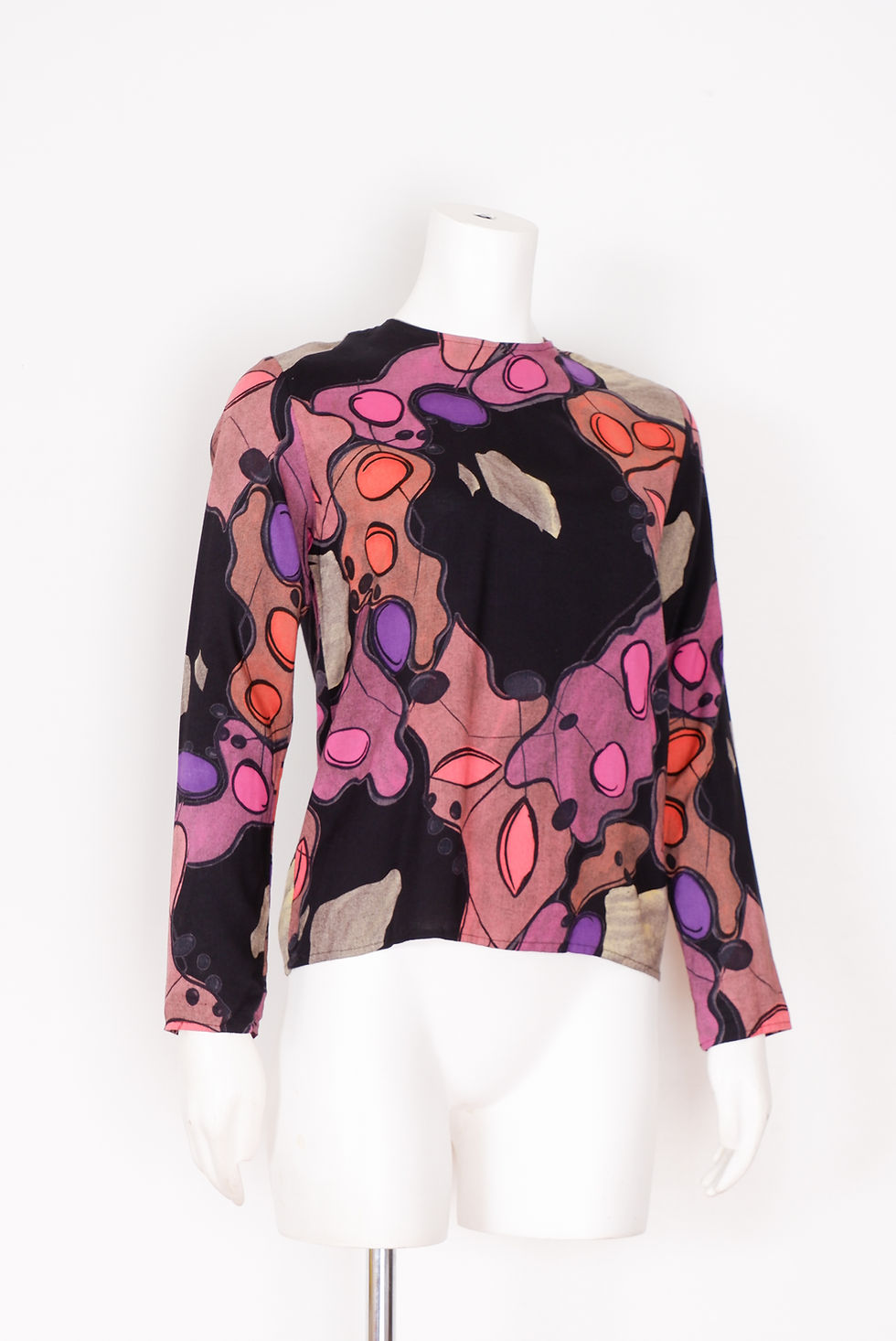 Thumbnail: Vintage Long Sleeve Shirt with Abstract Print - Small Rayon Blouse