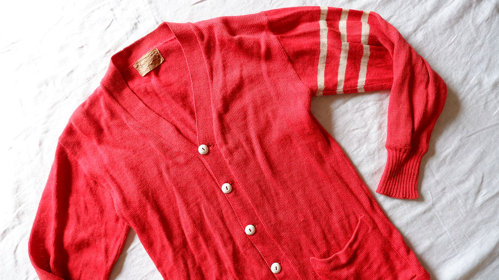 Thumbnail: 1960s Red Knit Varsity Sweater - Small Vintage Button Up Cardigan