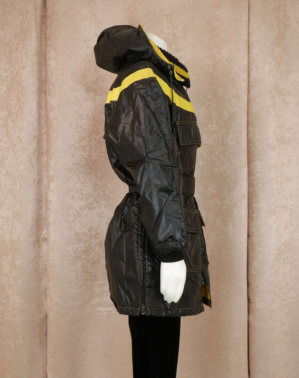 Thumbnail: 1970s Black and Yellow Wet Look Ladies Snow Mobile Jacket by John Deere - S / M