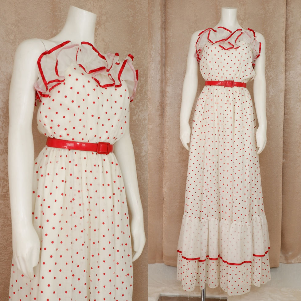 Vintage 1970s White and Red Polka Dot Gown with Ruffles by Algo Ettes - S
