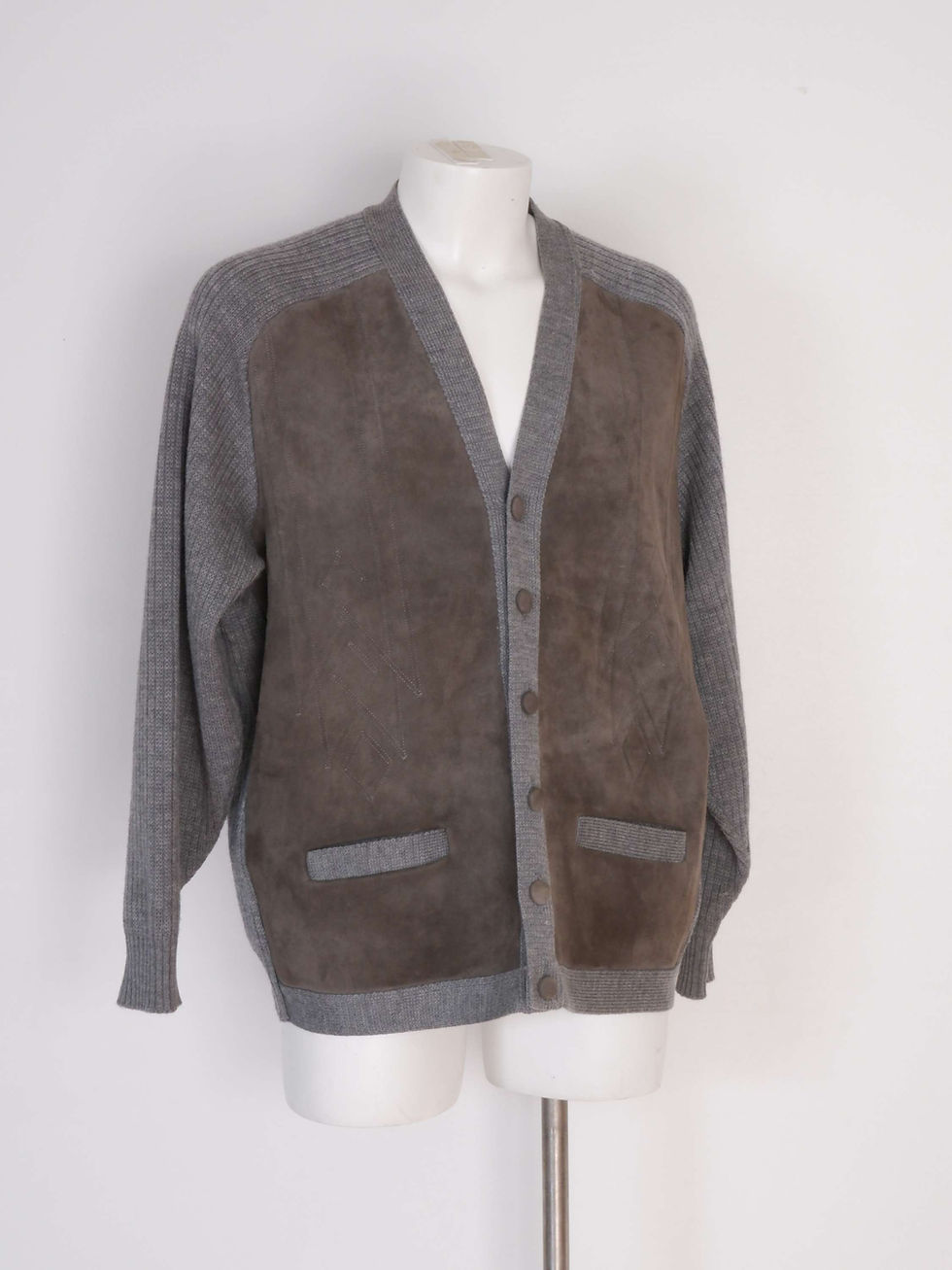 Thumbnail: Vintage Grey Wool and Suede Cardigan Sweater with Buttons by Tundra -XL