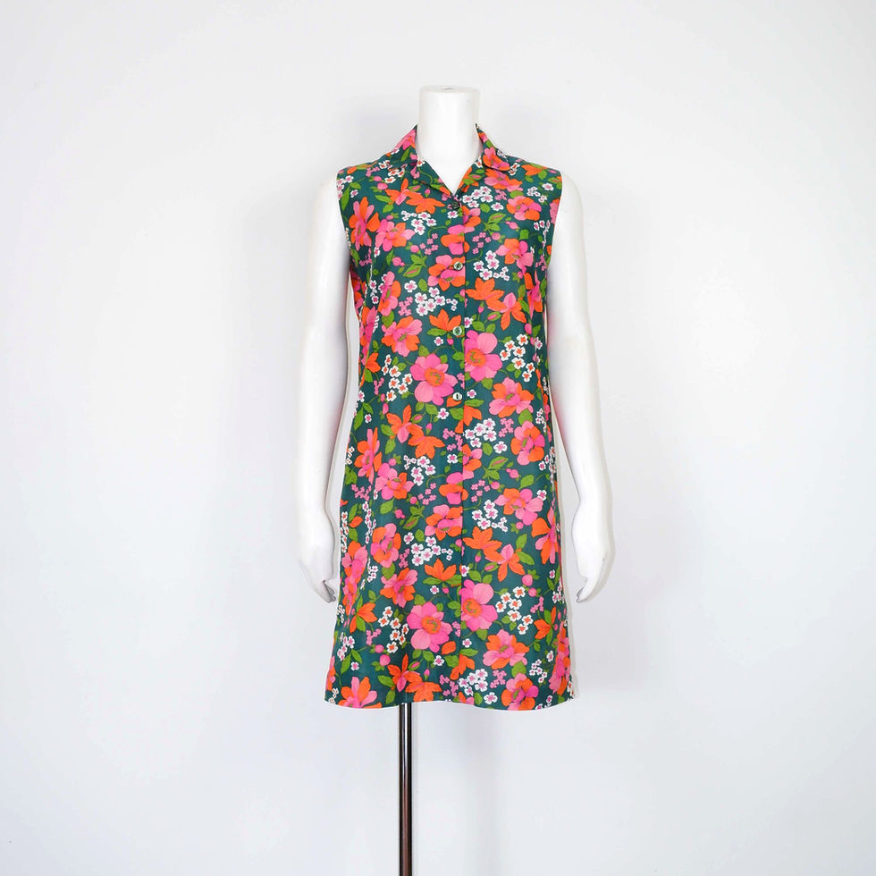 1960s Floral Dress - Medium, Green Button Up