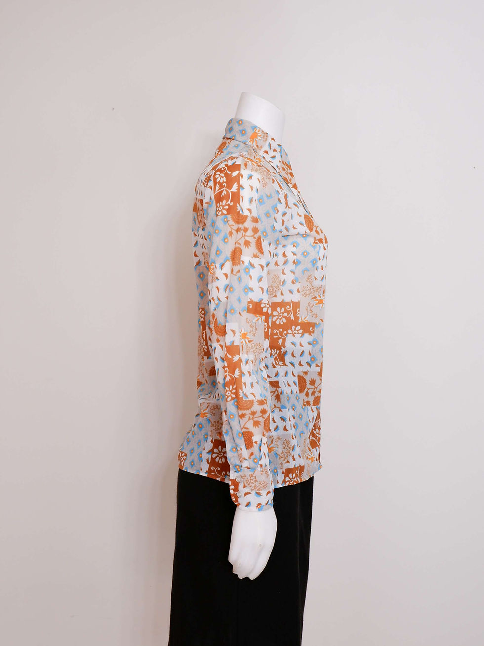 Thumbnail: 1970s Sheer White, Blue and Brown Print Blouse by Peepers - S